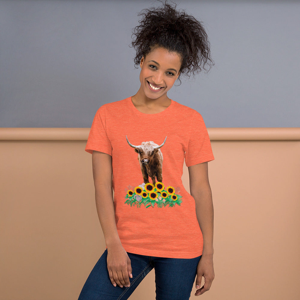 Southern Chic Delight: Unisex Light Colored Short Sleeve T-Shirt with Highland Cow and Sunflowers - Experience Adorable Comfort and Southern Charm