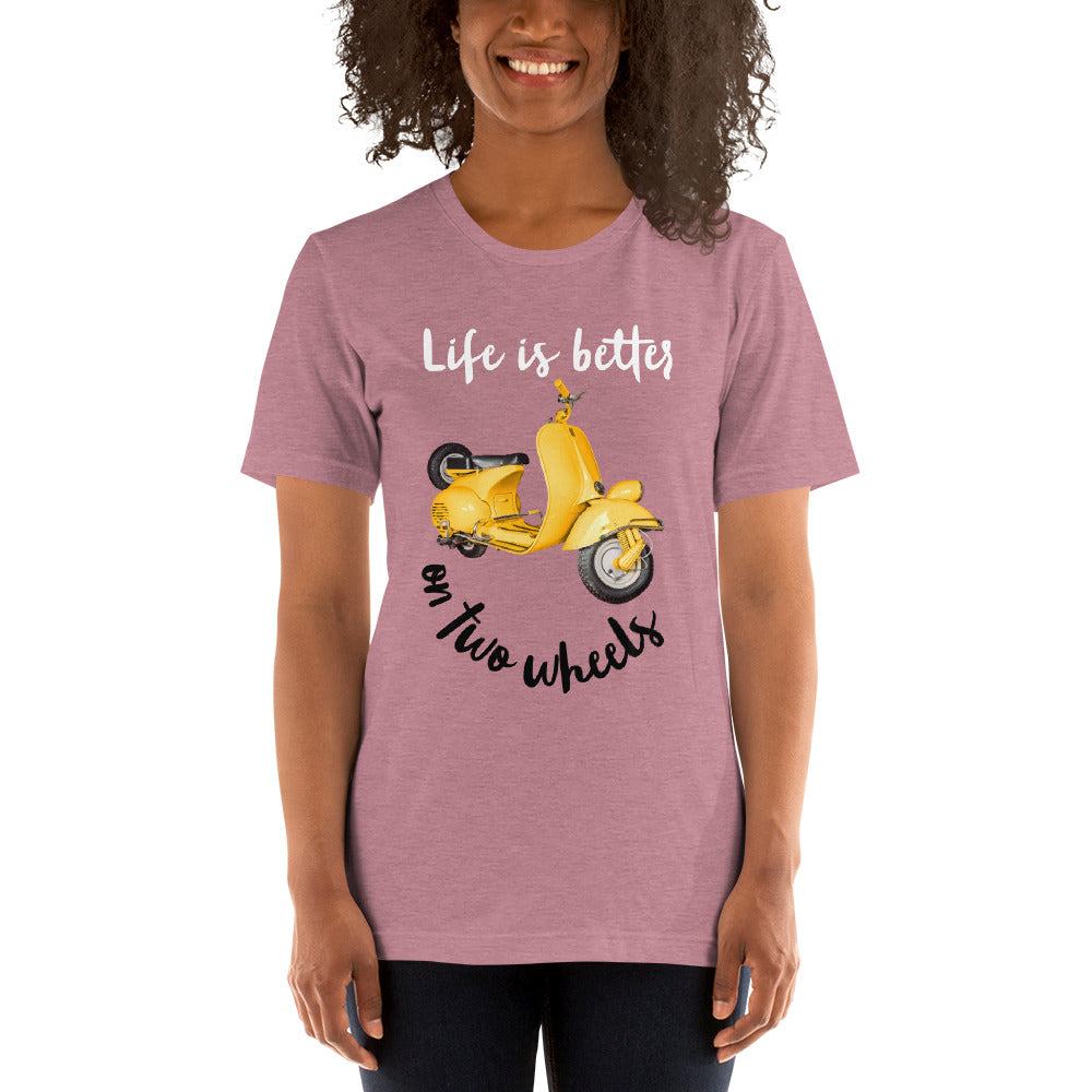 Fun Color Unisex t-shirt Travel Shirt, Wanderlust Tee, Life is Better on Two Wheels Yellow Scooter T-shirt, Adventure-Ready Cotton Shirt