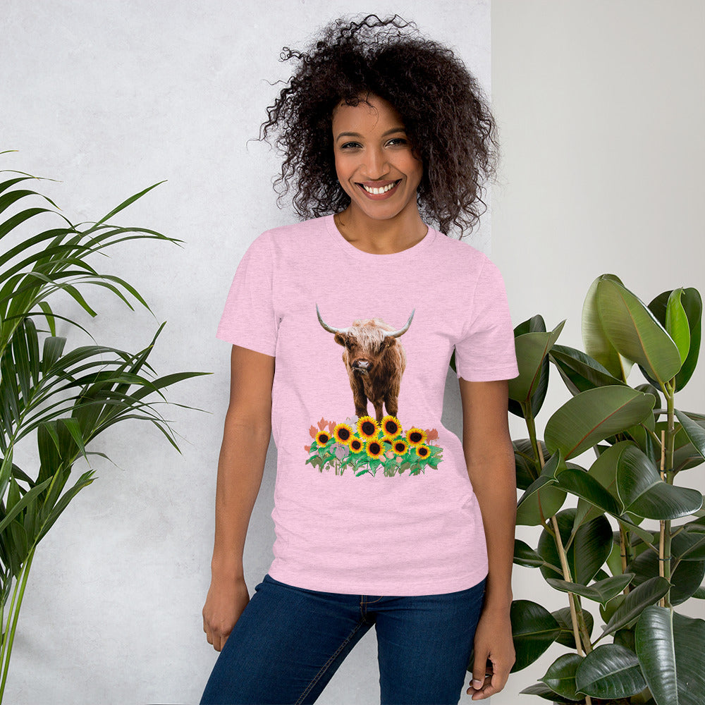 Radiate Natural Charm: Unisex Highland Cow and Sunflowers Light Colored Short Sleeve T-Shirt - Embrace Comfort and Style!