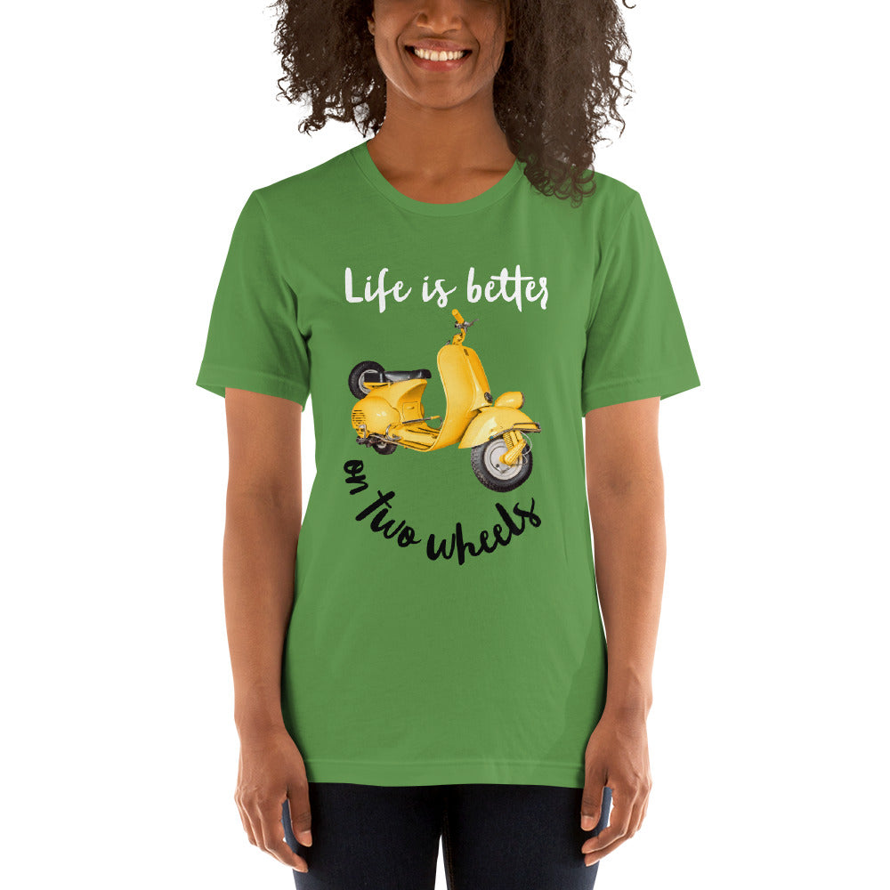 Fun Color Unisex t-shirt Travel Shirt, Wanderlust Tee, Life is Better on Two Wheels Yellow Scooter T-shirt, Adventure-Ready Cotton Shirt