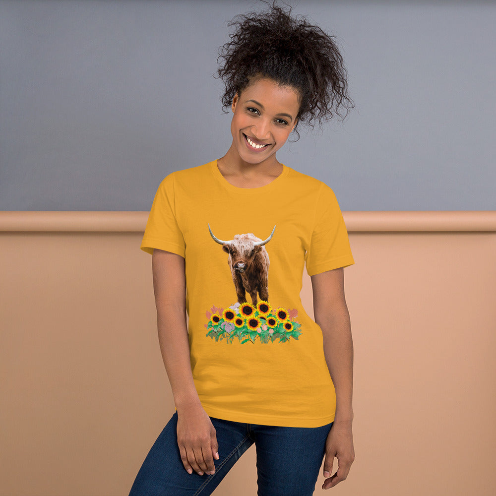 Southern Chic Delight: Unisex Light Colored Short Sleeve T-Shirt with Highland Cow and Sunflowers - Experience Adorable Comfort and Southern Charm