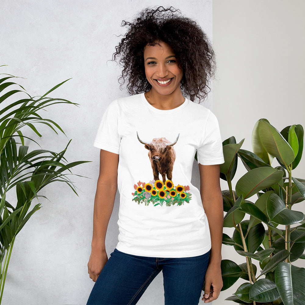 Radiate Natural Charm: Unisex Highland Cow and Sunflowers Light Colored Short Sleeve T-Shirt - Embrace Comfort and Style!