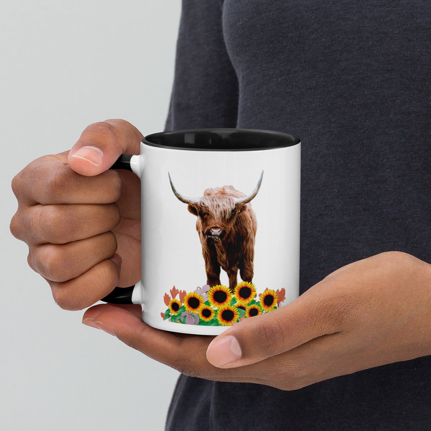 Colorful Delight: 11 Ounce Highland Cow in Sunflower Field Ceramic Mug with Vibrant Rim and Handle | 11 Oz. Mug with Color Inside