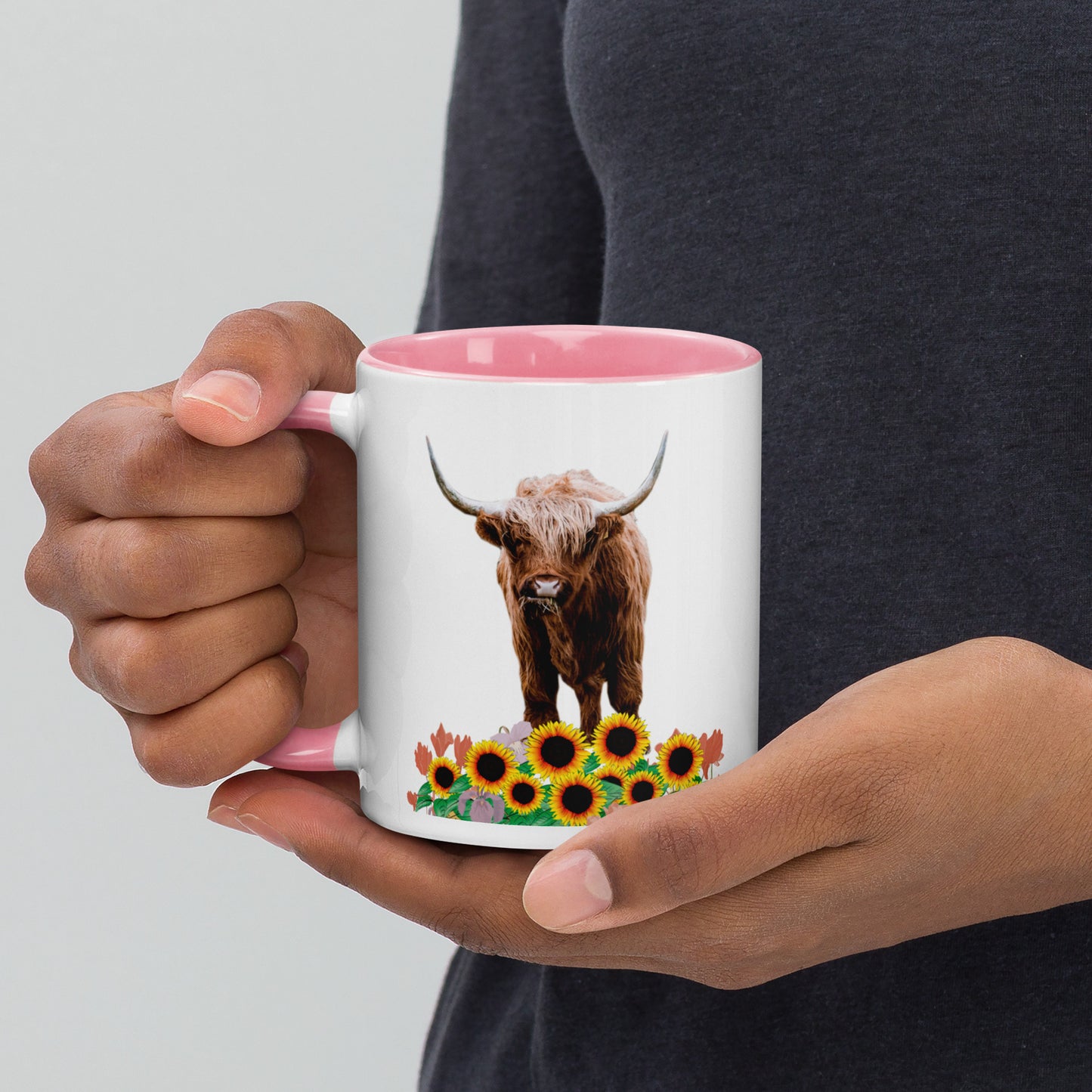 Colorful Delight: 11 Ounce Highland Cow in Sunflower Field Ceramic Mug with Vibrant Rim and Handle | 11 Oz. Mug with Color Inside