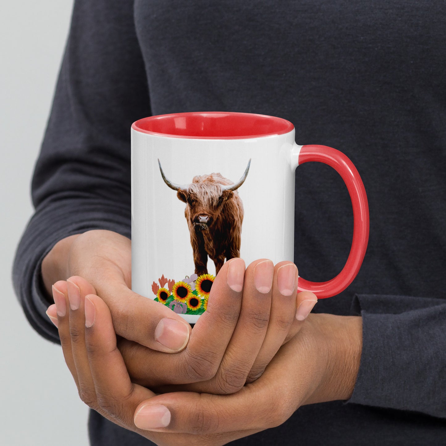 Colorful Delight: 11 Ounce Highland Cow in Sunflower Field Ceramic Mug with Vibrant Rim and Handle | 11 Oz. Mug with Color Inside