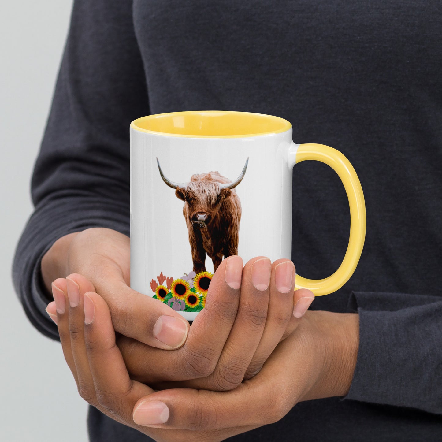 Colorful Delight: 11 Ounce Highland Cow in Sunflower Field Ceramic Mug with Vibrant Rim and Handle | 11 Oz. Mug with Color Inside