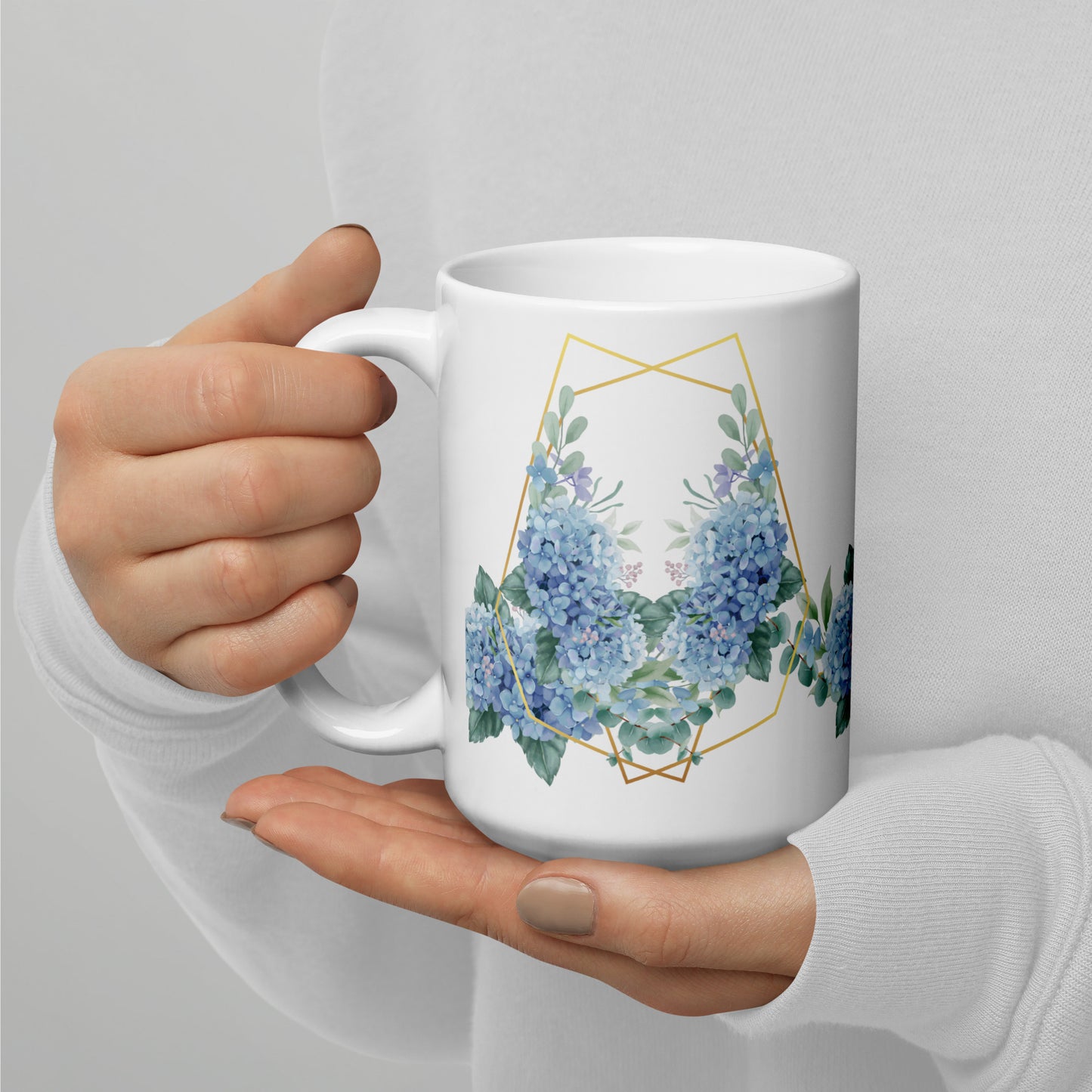 Hydrangea Flower White Glossy Mug, Beautiful Flower Mug, 11 oz mug, 15oz mug, Coffee Mug, Cup, Boho mug, Nature Mug, Flower Lover Gift, Tea
