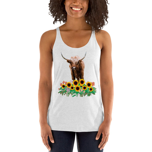 Women's Racerback Tank with a Highland Cow in a Field of Sunflowers, Women's Summer Staple Tank,