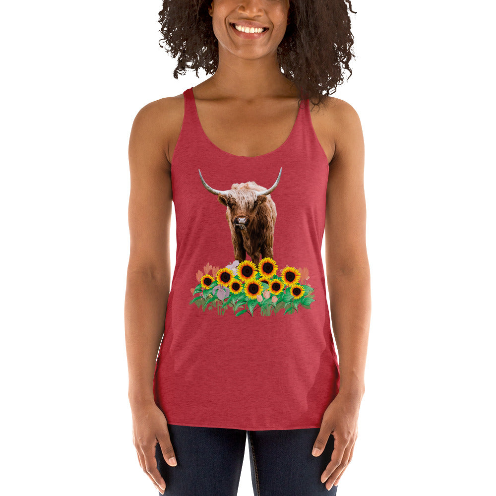 Women's Racerback Tank with a Highland Cow in a Field of Sunflowers, Women's Summer Staple Tank,