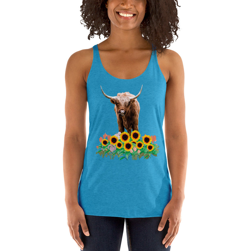 Women's Racerback Tank with a Highland Cow in a Field of Sunflowers, Women's Summer Staple Tank,