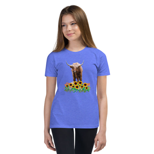 Young and Trendy: Stand Out with Highland Cow in Sunflower Field T-Shirts | Youth Short Sleeve T-Shirt