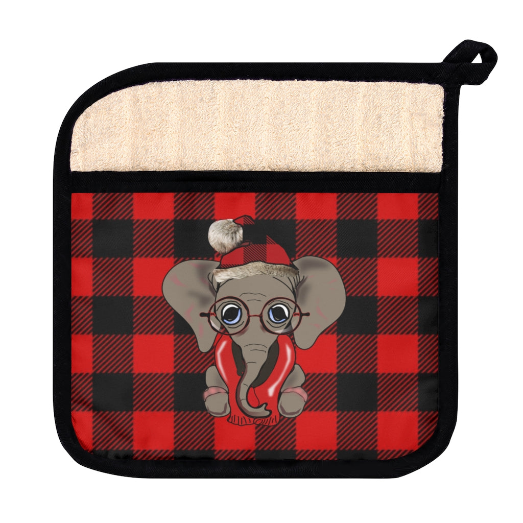 Cozy Elephant Pot Holder with Pocket - Elephant with Hat and Scarf on Pot Holder, Buffalo Print with Cozy Elephant
