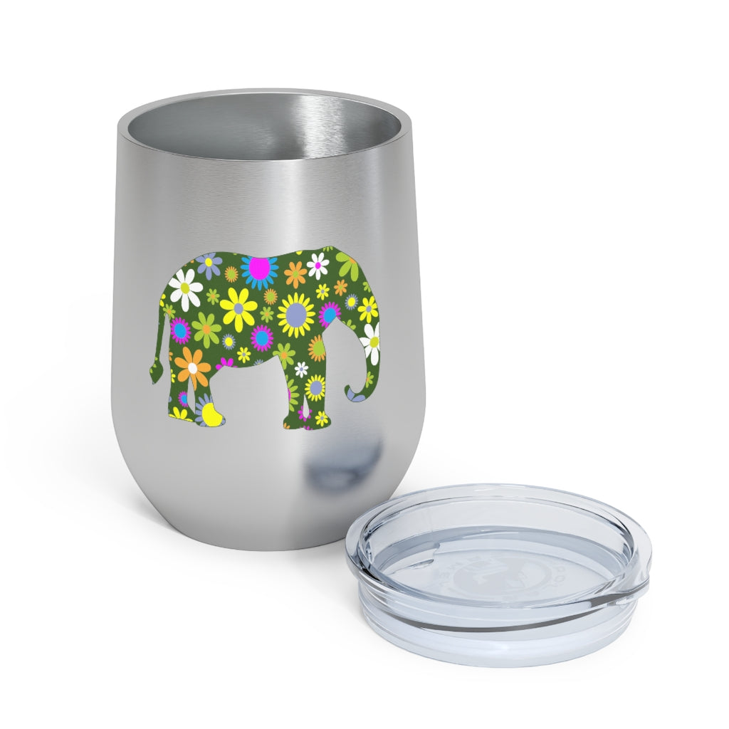 12oz Insulated Wine Tumbler with Retro Flowers Elephant