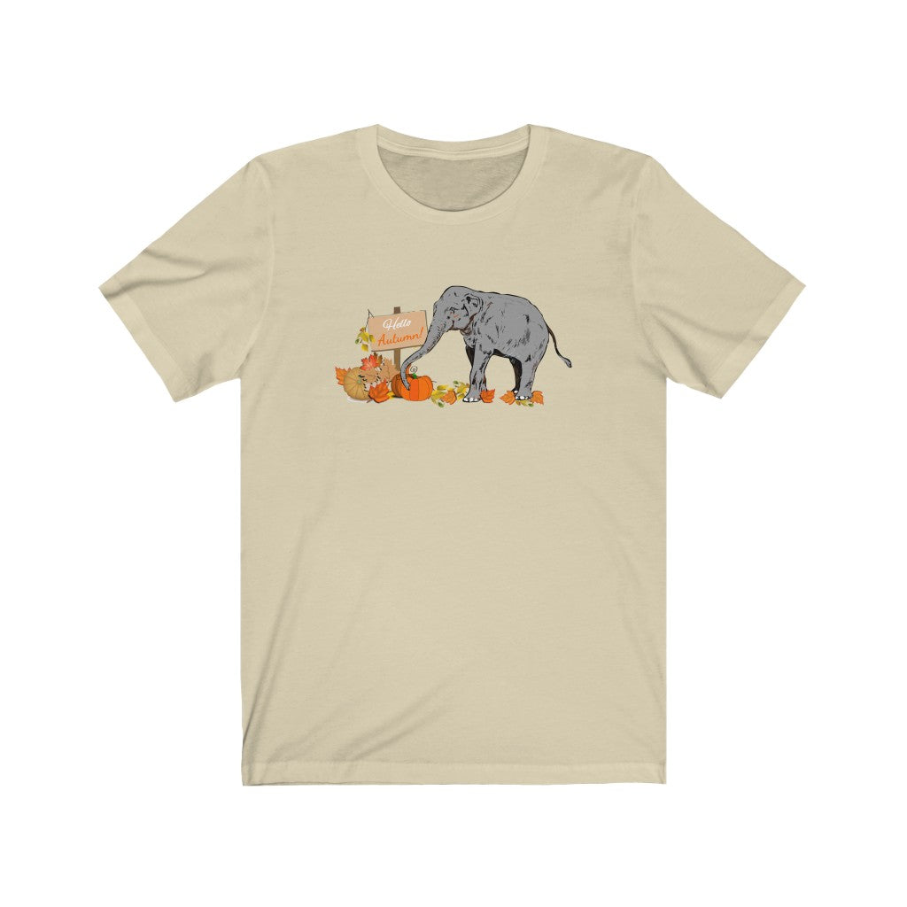 Happy Fall Elephant Shirt with Pumpkins - Unisex Jersey Short Sleeve Elephant Tee with Pumpkins and Autumn Leaves