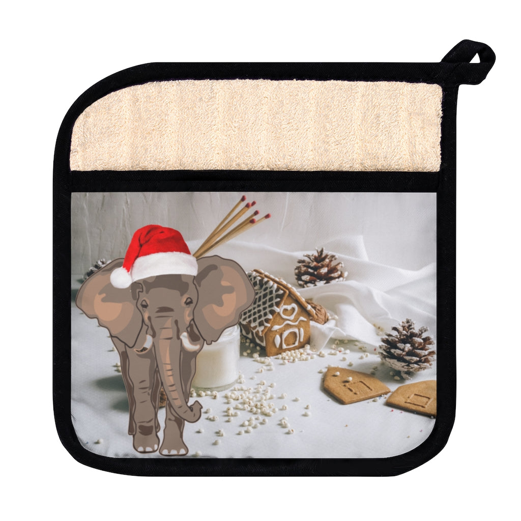Elephant Pot Holder with Pocket - Christmas Elephant Pot Holder, Elephant with Christmas Hat on Pot Holder, Polyester Elephant Pot Holder, Made in USA