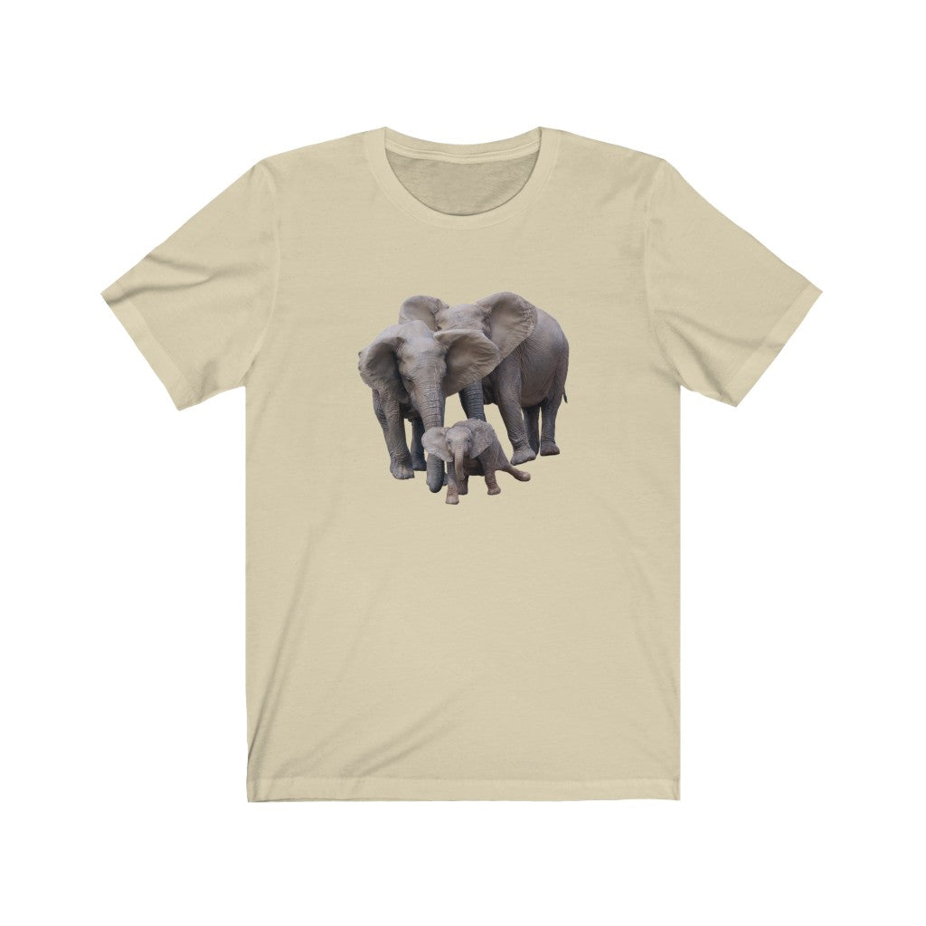Unisex Jersey Short Sleeve Elephant Tee - Elephant Family on T Shirt along with Baby Elephant on Shirt