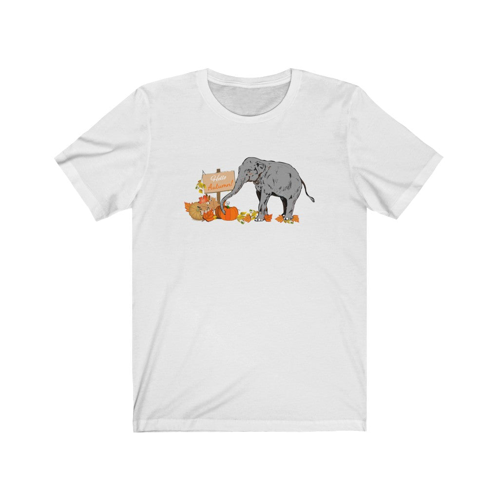 Happy Fall Elephant Shirt with Pumpkins - Unisex Jersey Short Sleeve Elephant Tee with Pumpkins and Autumn Leaves