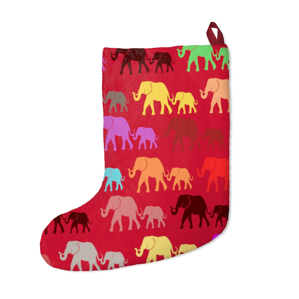 Red Elephant Christmas Stocking - Elephant Family Walk with Colorful Elephants