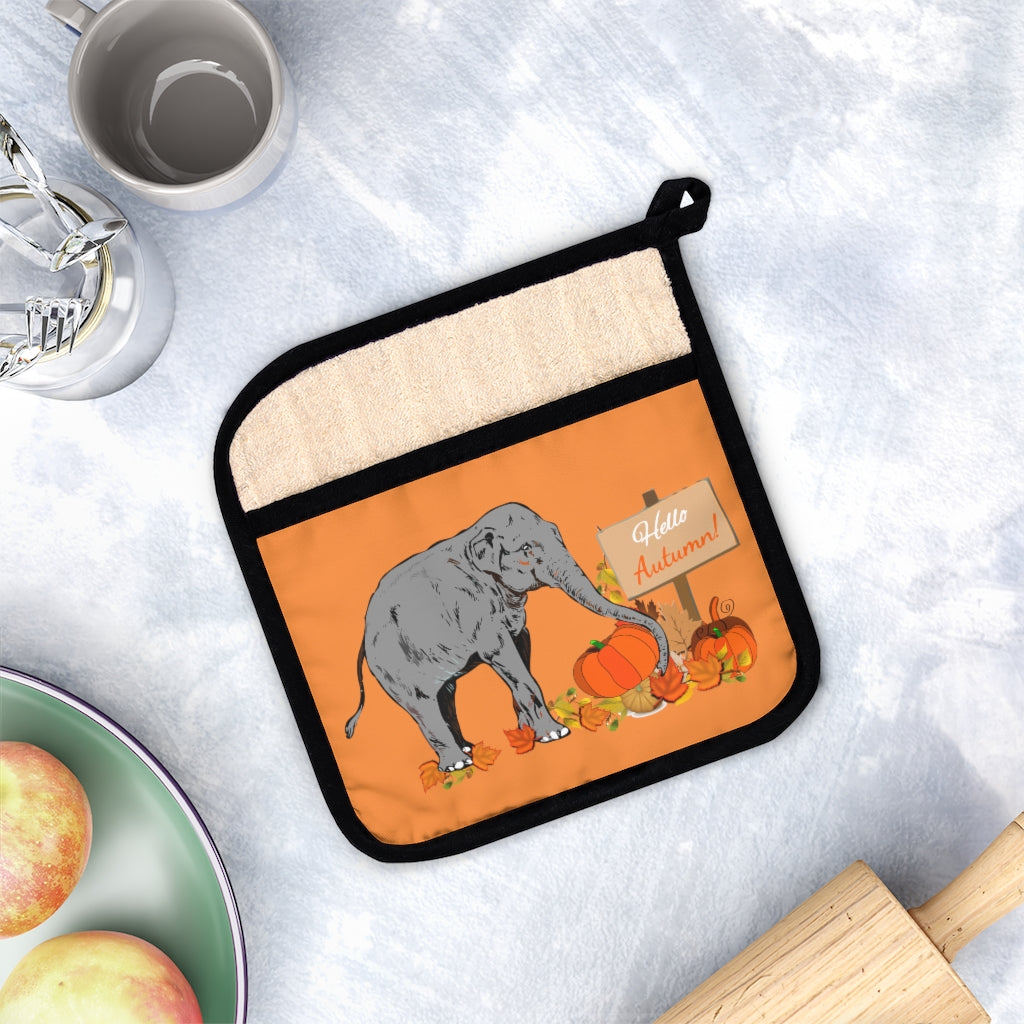 Autumn Elephant Pot Holder with Pocket and Pumpkins - Elephant and Pumpkin Pot Holder, Pot Holder with Fall Colors and Elephant