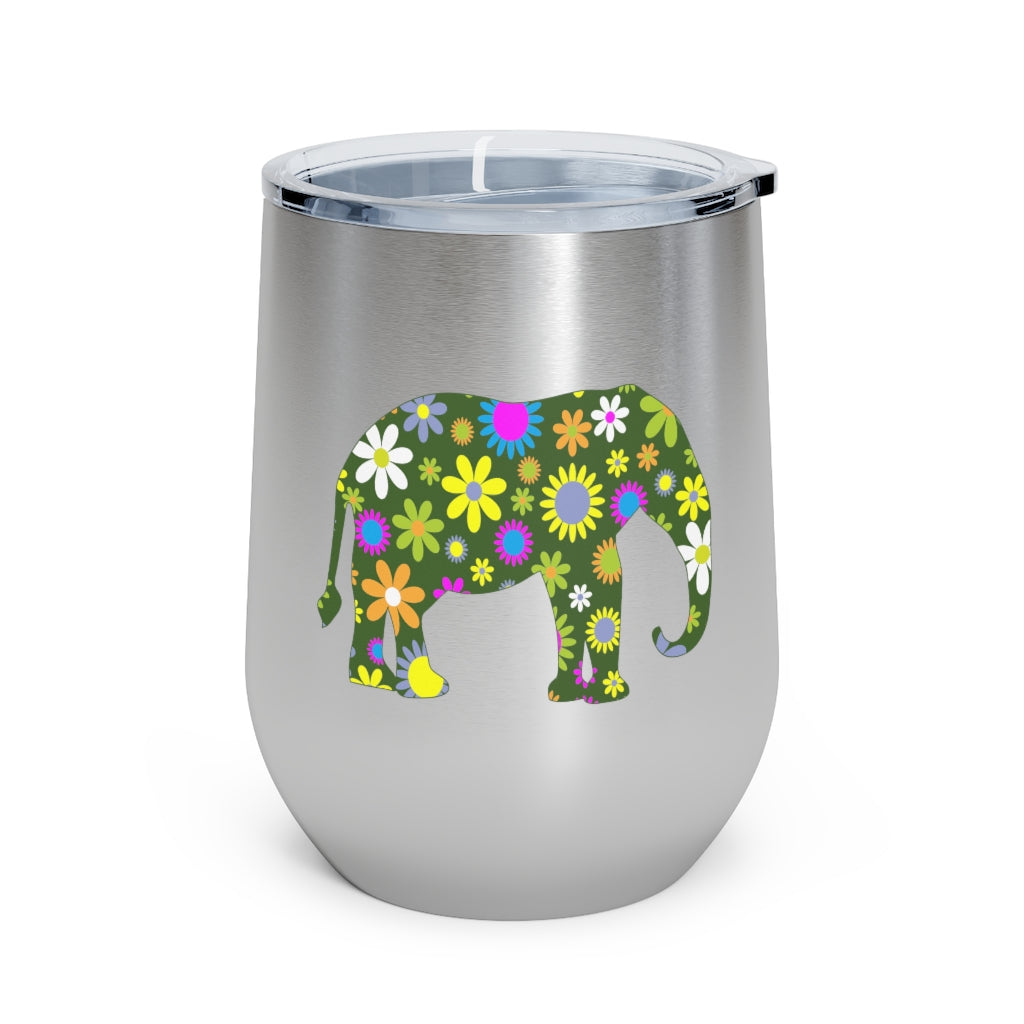 12oz Insulated Wine Tumbler with Retro Flowers Elephant