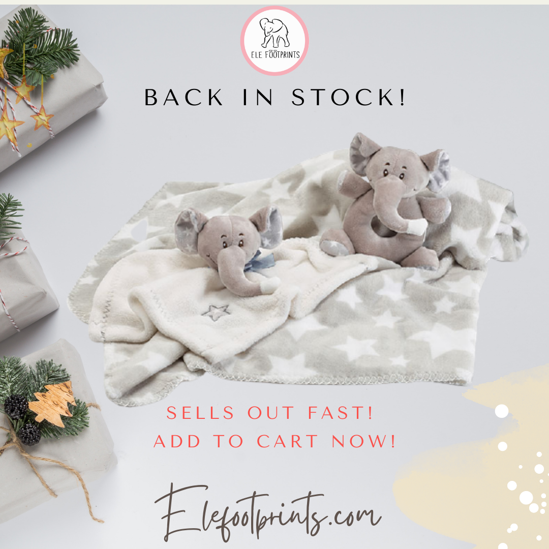 Adorable Elephant Gift Set for Baby - Plush Elephant Rattle, Elephant Security Blanket, Fleece Elephant Blanket all in a GIFT BOX