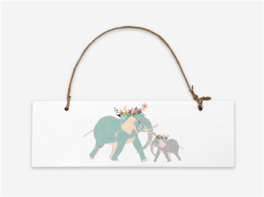 Pink Mama and Baby Elephants with Crown - Ceramic Wall Décor