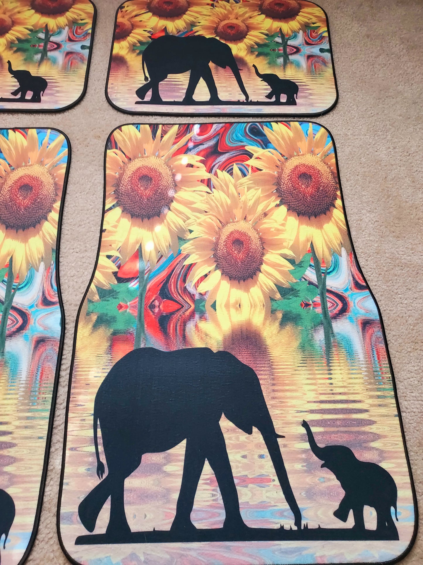 Elephant and Sunflowers Universal Fit Front/Rear 4-Pcs Full Set Car Floor Mats for Women Car Carpet Vehicle SUV Truck Cars