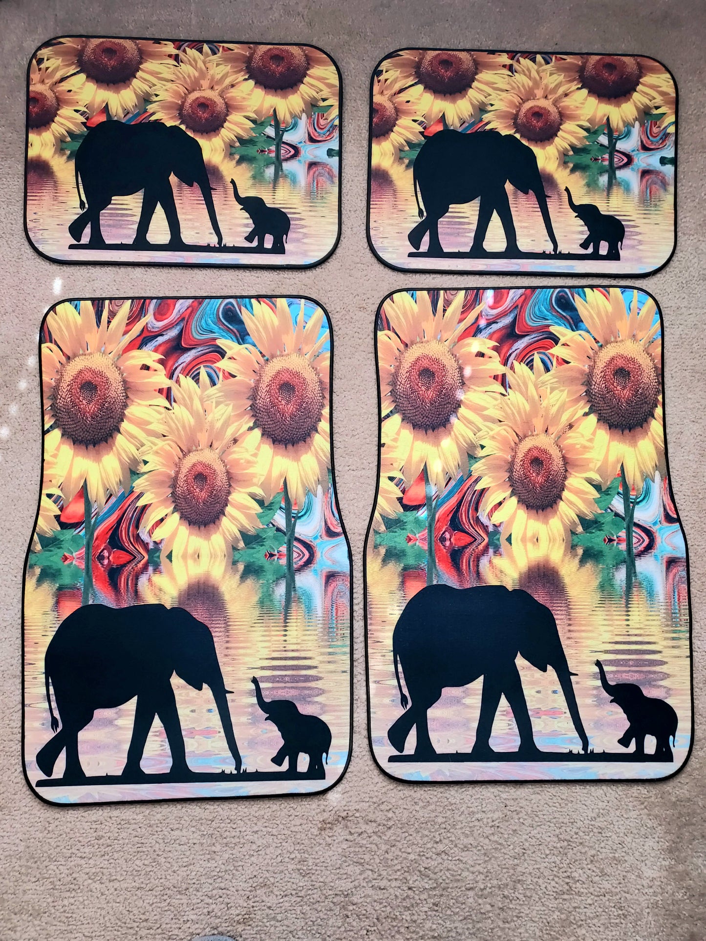 Elephant and Sunflowers Universal Fit Front/Rear 4-Pcs Full Set Car Floor Mats for Women Car Carpet Vehicle SUV Truck Cars