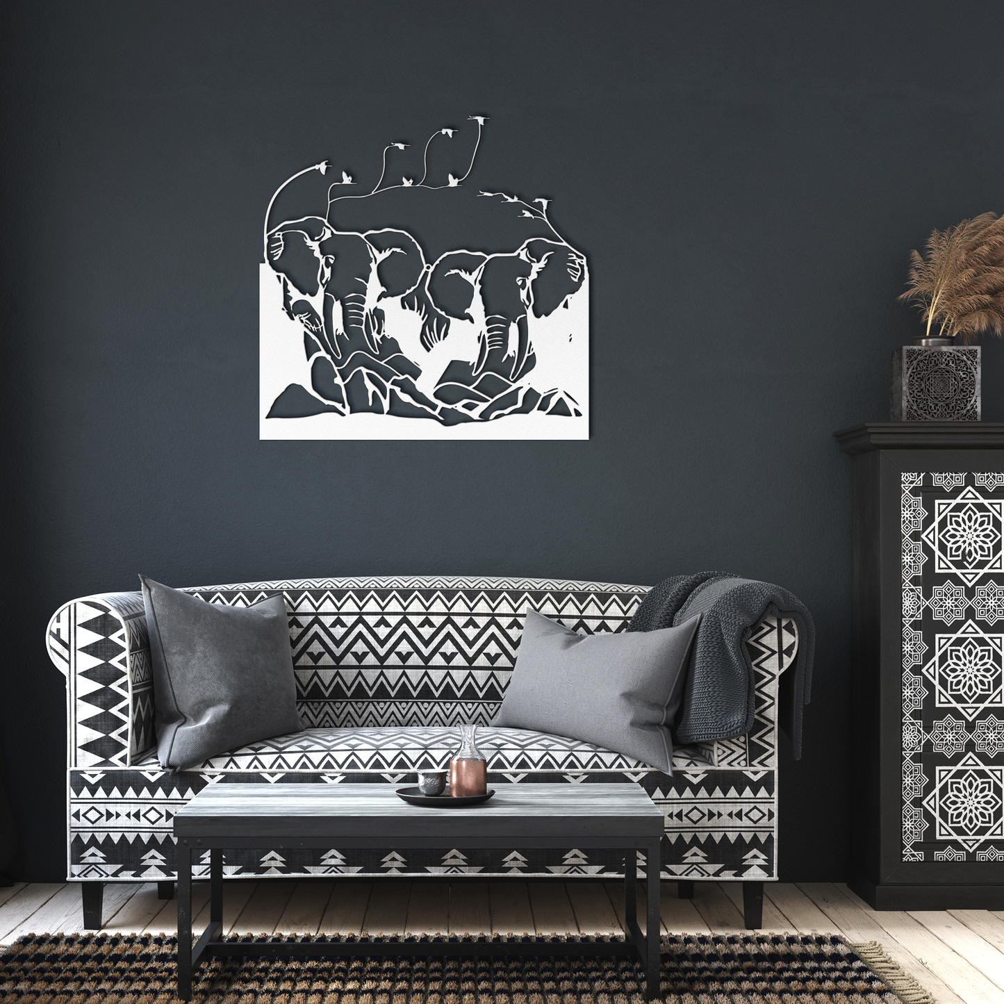 Jumbo Elephants and Mountains Metal Sign - Elephant Metal Wall Décor