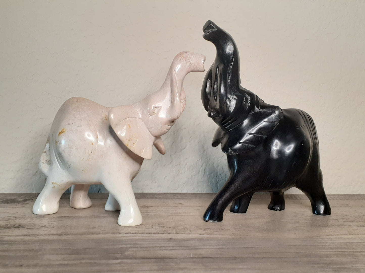 Beautiful Elephant Soapstone Sculptures - White and Black Elephants