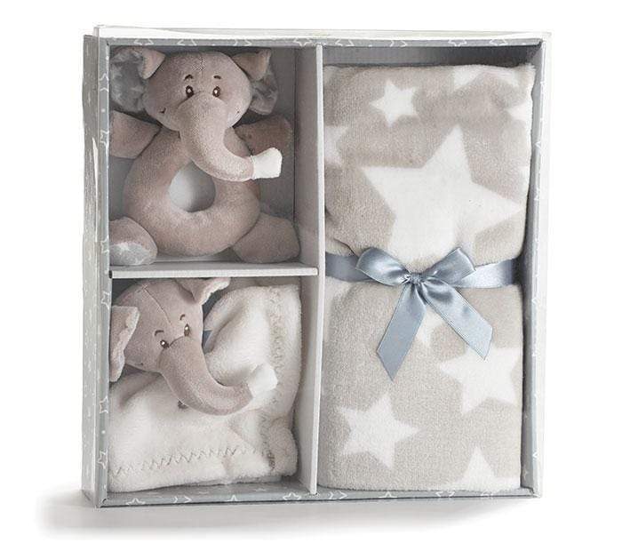 Adorable Elephant Gift Set for Baby - Plush Elephant Rattle, Elephant Security Blanket, Fleece Elephant Blanket all in a GIFT BOX Baby Gift Set