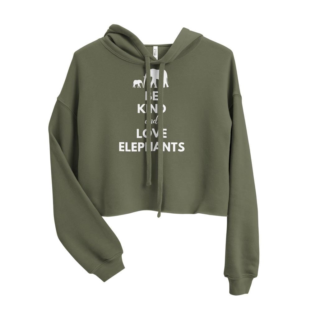 Be Kind and Love Elephants Women’s Crop Hoodie Military Green / S