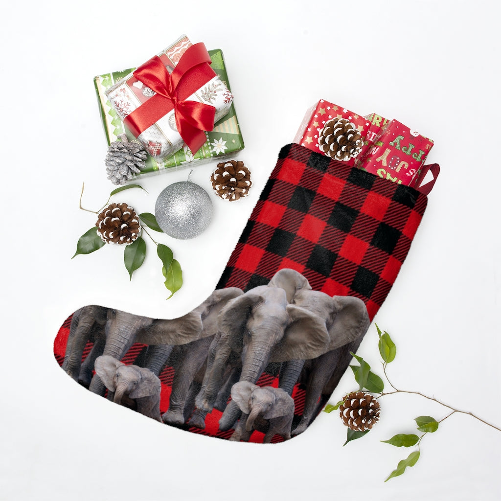 Red and Black Elephant Christmas Stocking - African Elephant Family on Buffalo Print Christmas Stocking