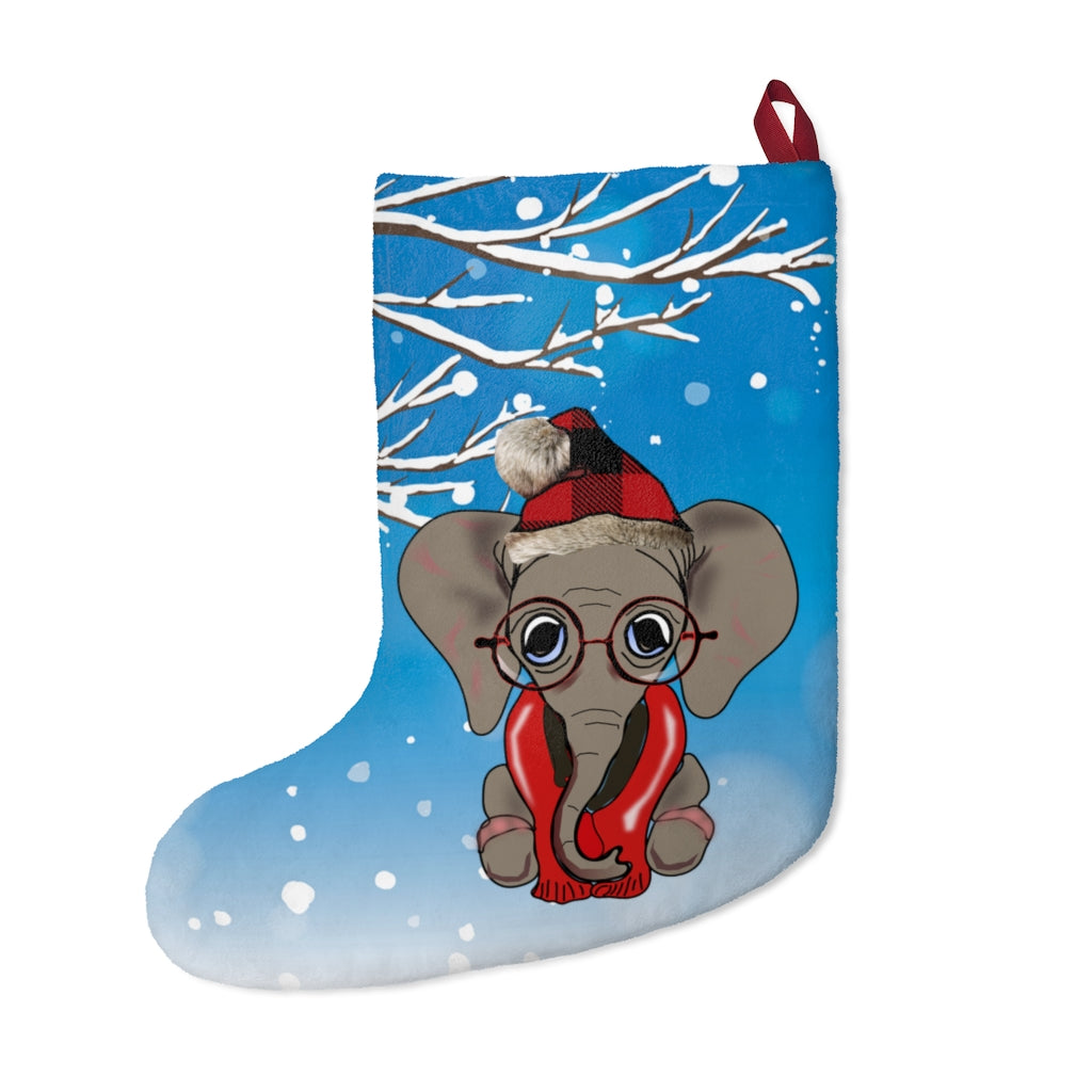 Blue Cozy Elephant Christmas Stocking - Adorable Elephant with Hat and Scarf on Christmas Stocking, Cute Elephant with Glasses
