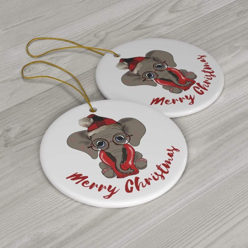 Ceramic Elephant Ornament - Adorable Elephant in Buffalo Print Home Decor Circle / One Size