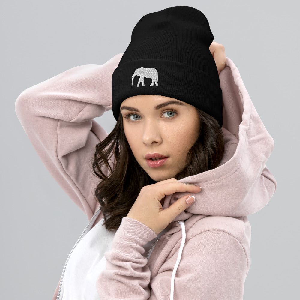 Embroidered Elephant Cuffed Beanie - Popular Elephant Beanie, Cute Elephant Beanie