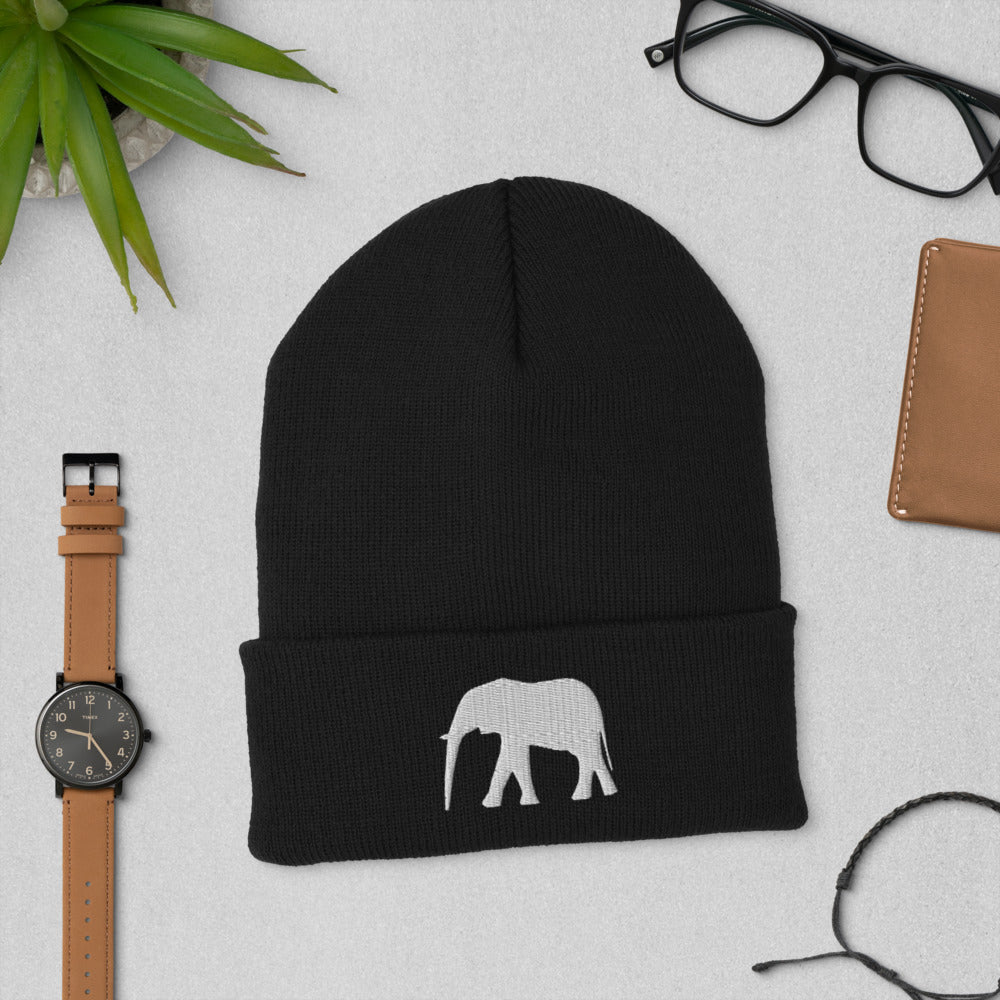 Embroidered Elephant Cuffed Beanie - Popular Elephant Beanie, Cute Elephant Beanie