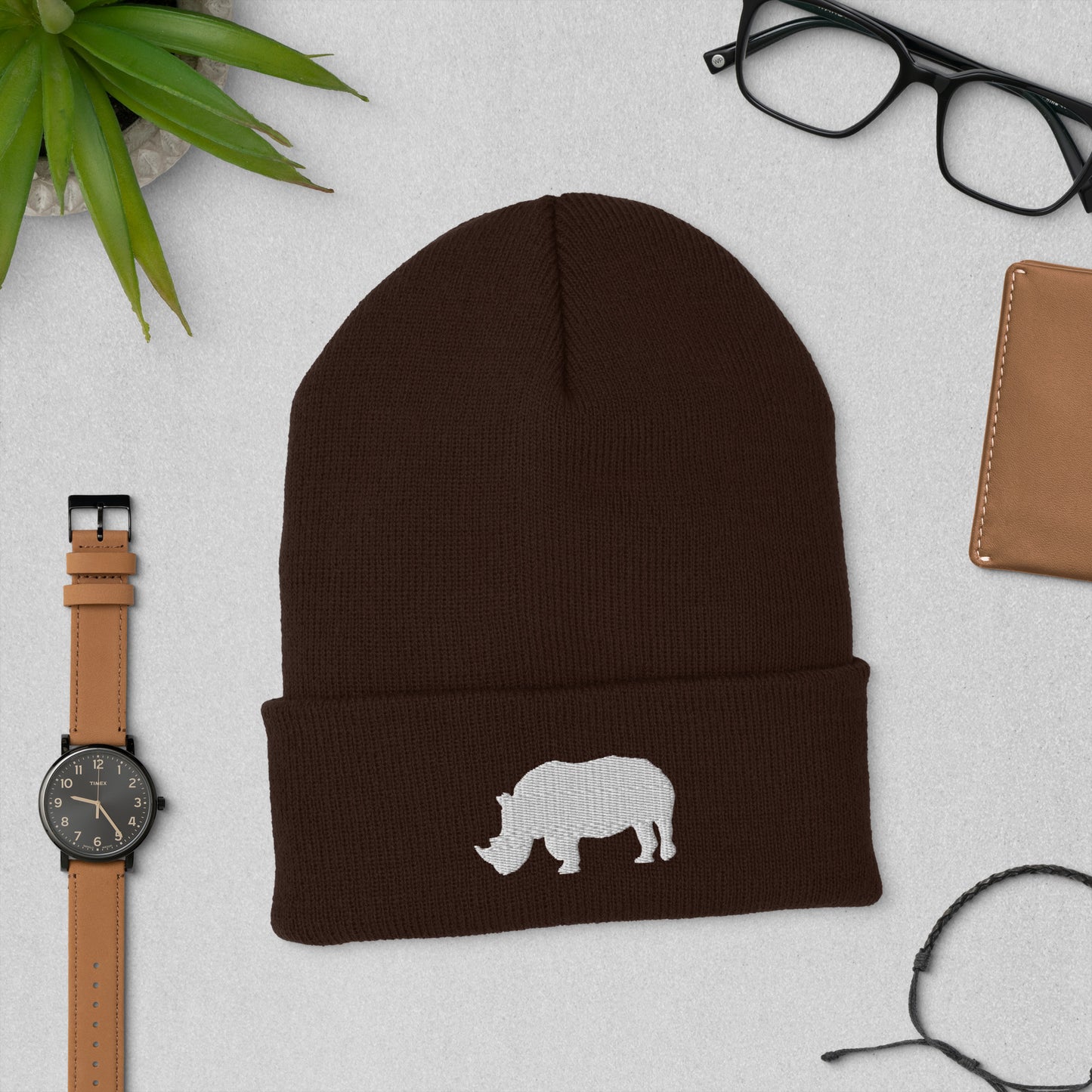 Embroidered White Rhino Cuffed Beanie, Adult Black Beanie with White Rhino, Rhino Beanie Navy, Cool Rhino Beanie, Animal Beanie, Safari Beanie