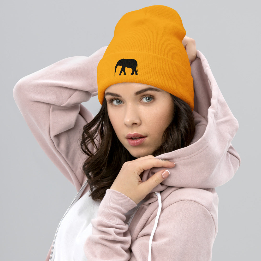 Embroidered Elephant Cuffed Beanie - Popular Elephant Beanie, Cute Elephant Beanie