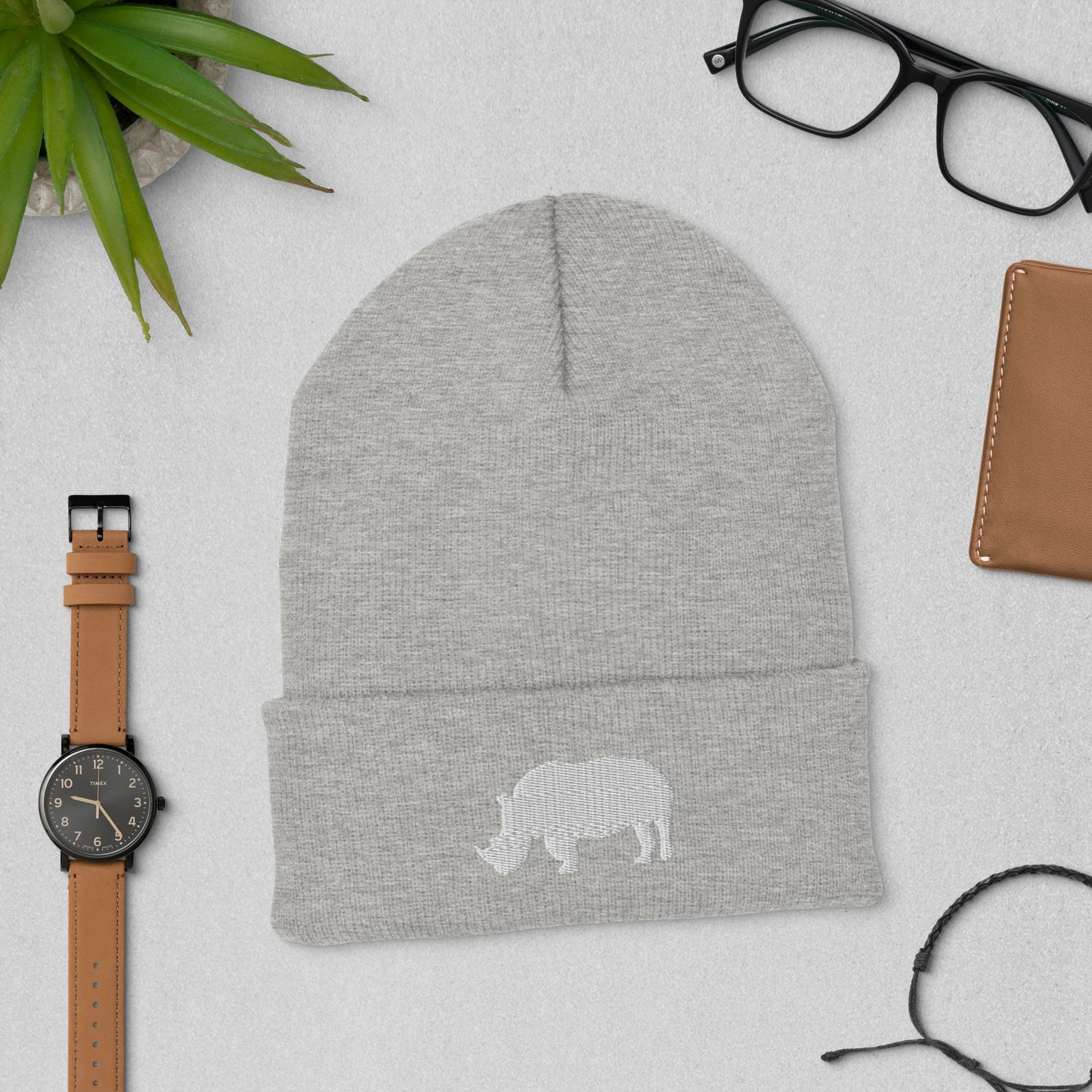 Embroidered White Rhino Cuffed Beanie, Adult Black Beanie with White Rhino, Rhino Beanie Navy, Cool Rhino Beanie, Animal Beanie, Safari Beanie