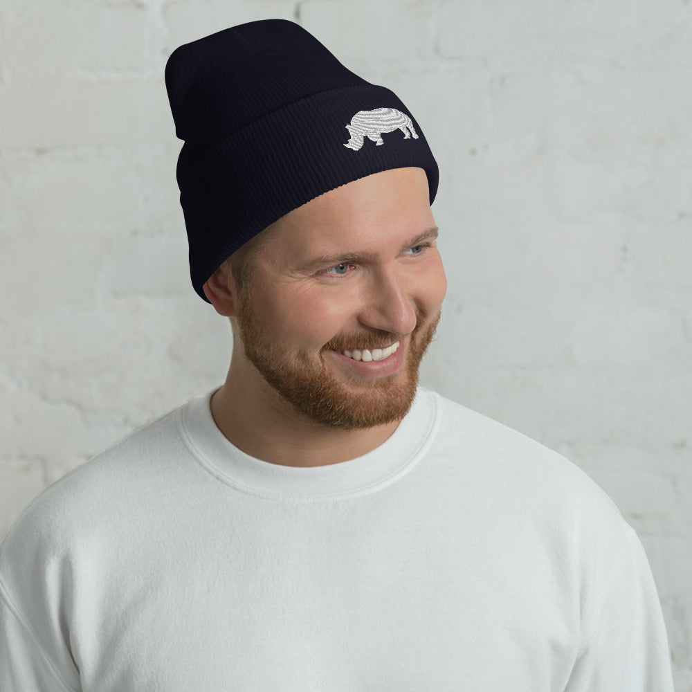 Embroidered White Rhino Cuffed Beanie, Adult Black Beanie with White Rhino, Rhino Beanie Navy, Cool Rhino Beanie, Animal Beanie, Safari Beanie