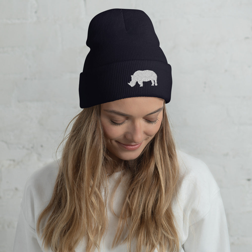 Embroidered White Rhino Cuffed Beanie, Adult Black Beanie with White Rhino, Rhino Beanie Navy, Cool Rhino Beanie, Animal Beanie, Safari Beanie