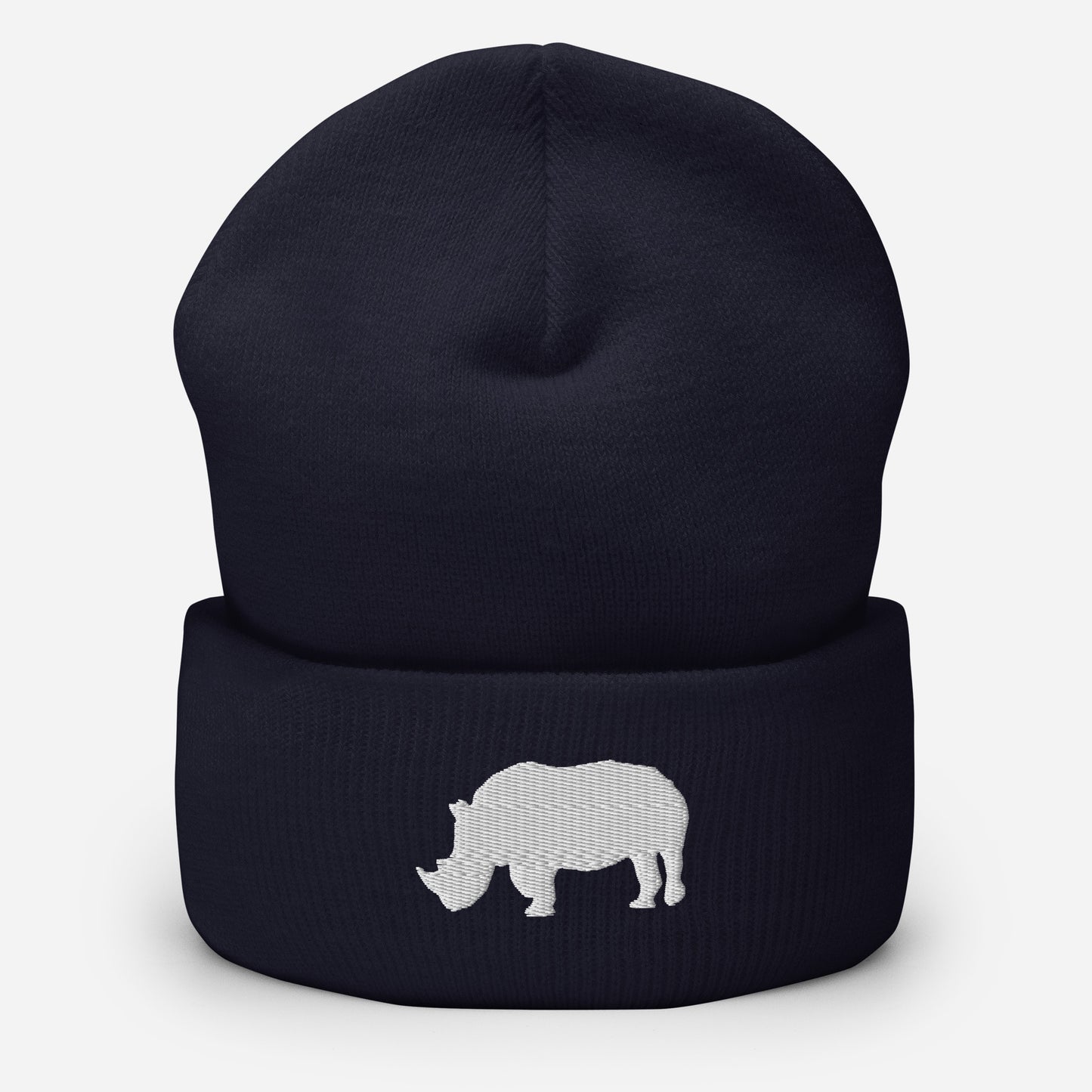 Embroidered White Rhino Cuffed Beanie, Adult Black Beanie with White Rhino, Rhino Beanie Navy, Cool Rhino Beanie, Animal Beanie, Safari Beanie