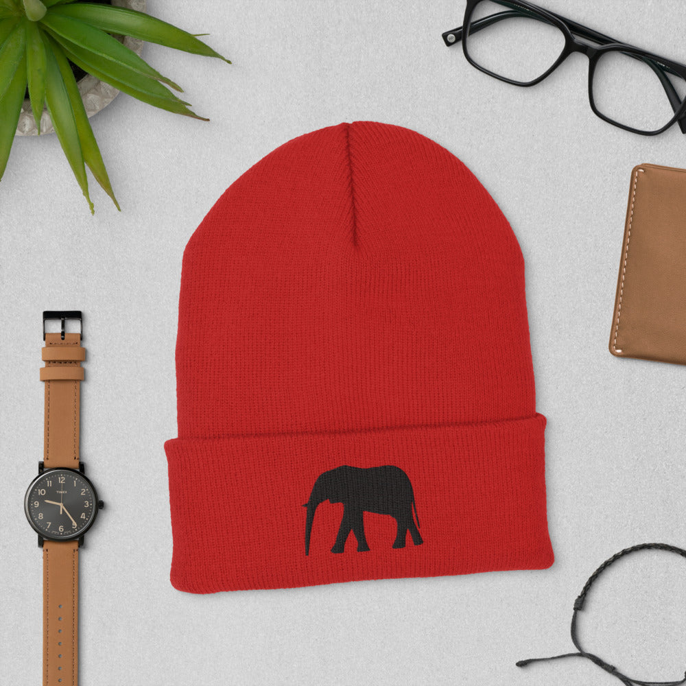 Embroidered Elephant Cuffed Beanie - Popular Elephant Beanie, Cute Elephant Beanie