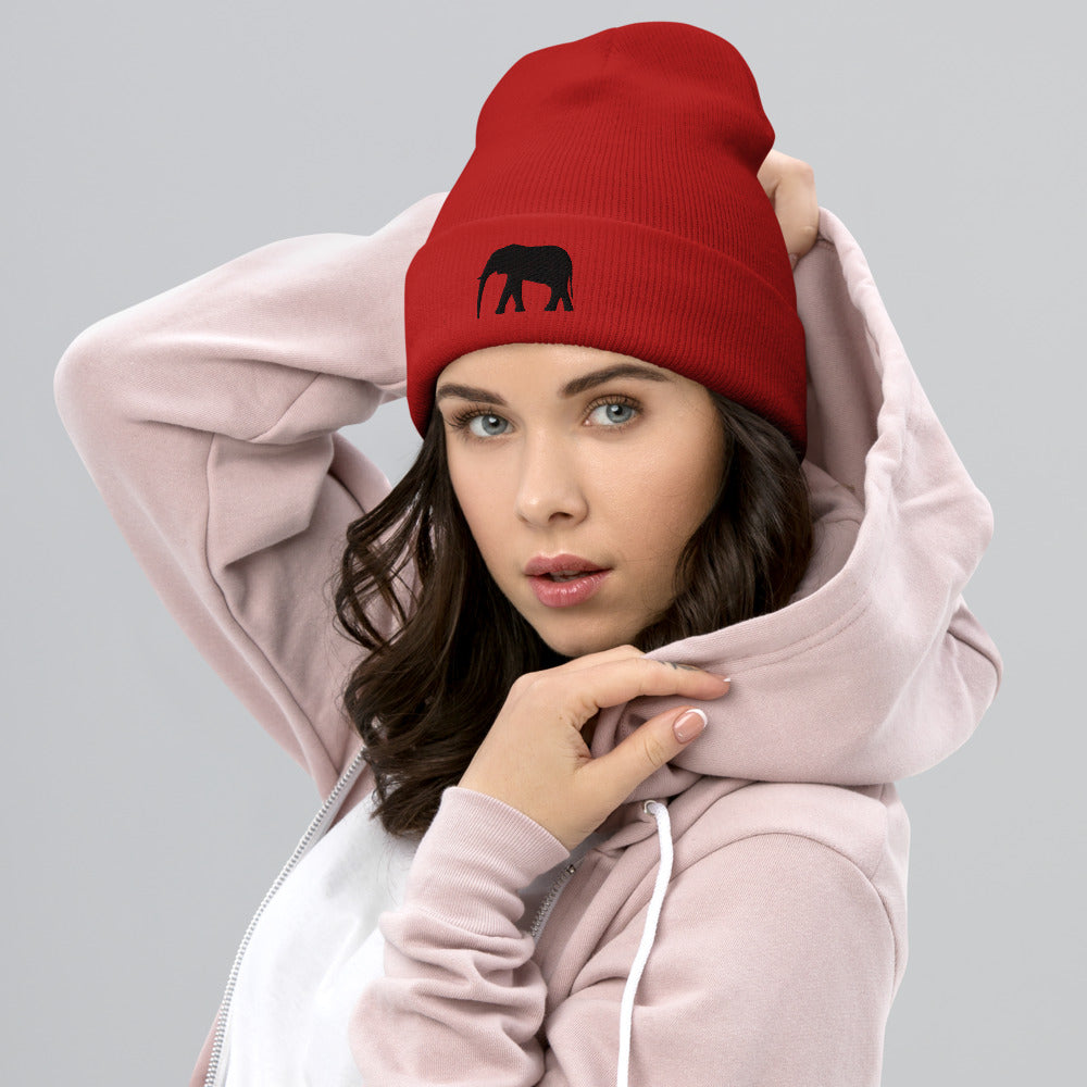 Embroidered Elephant Cuffed Beanie - Popular Elephant Beanie, Cute Elephant Beanie