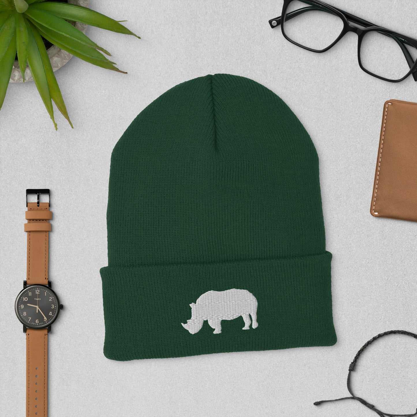 Embroidered White Rhino Cuffed Beanie, Adult Black Beanie with White Rhino, Rhino Beanie Navy, Cool Rhino Beanie, Animal Beanie, Safari Beanie