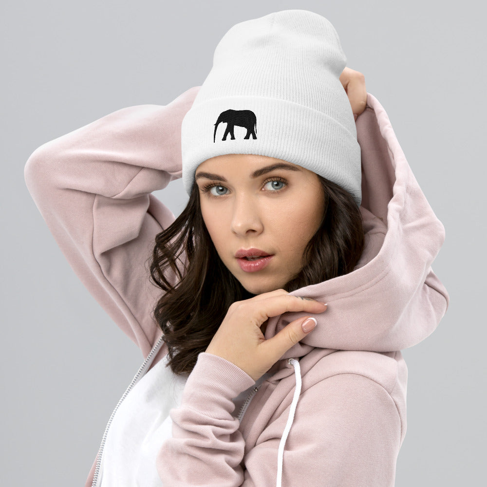 Embroidered Elephant Cuffed Beanie - Popular Elephant Beanie, Cute Elephant Beanie