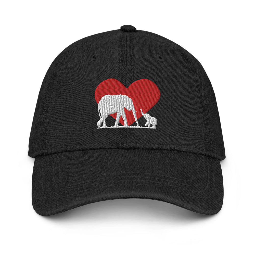 Denim Hat with Heart and Mama and Baby Elephants