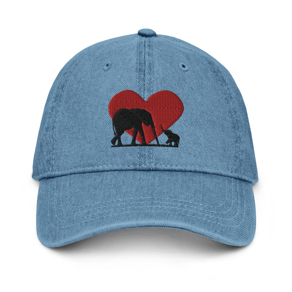 Denim Hat with Heart and Mama and Baby Elephants