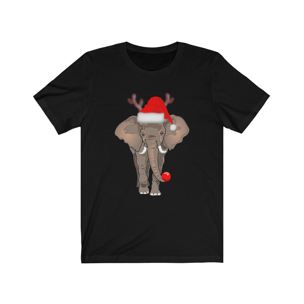 Women's Elephant Shirt, Men's Elephant Shirt, Unisex Short Sleeve Elephant Tee, Christmas Elephant Shirt with Red Santa Hat